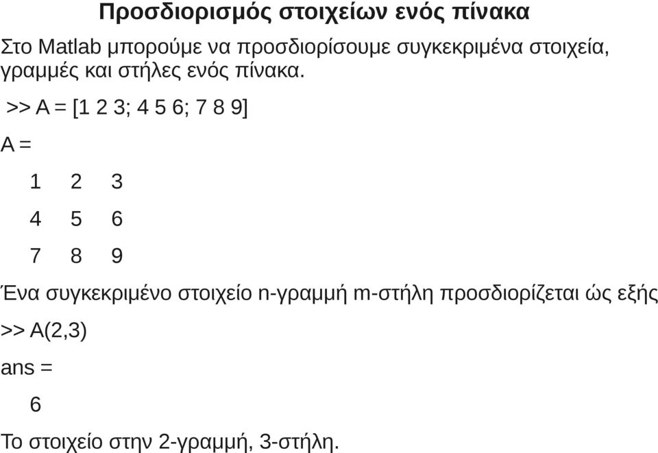 >> A = [1 2 3; 4 5 6; 7 8 9] A = 1 2 3 4 5 6 7 8 9 Ένα συγκεκριμένο