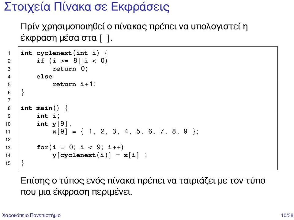 10 int y [ 9 ], 11 x [ 9 ] = { 1, 2, 3, 4, 5, 6, 7, 8, 9 } ; 12 13 for ( i = 0 ; i < 9 ; i++) 14 y [ cyclenext ( i )