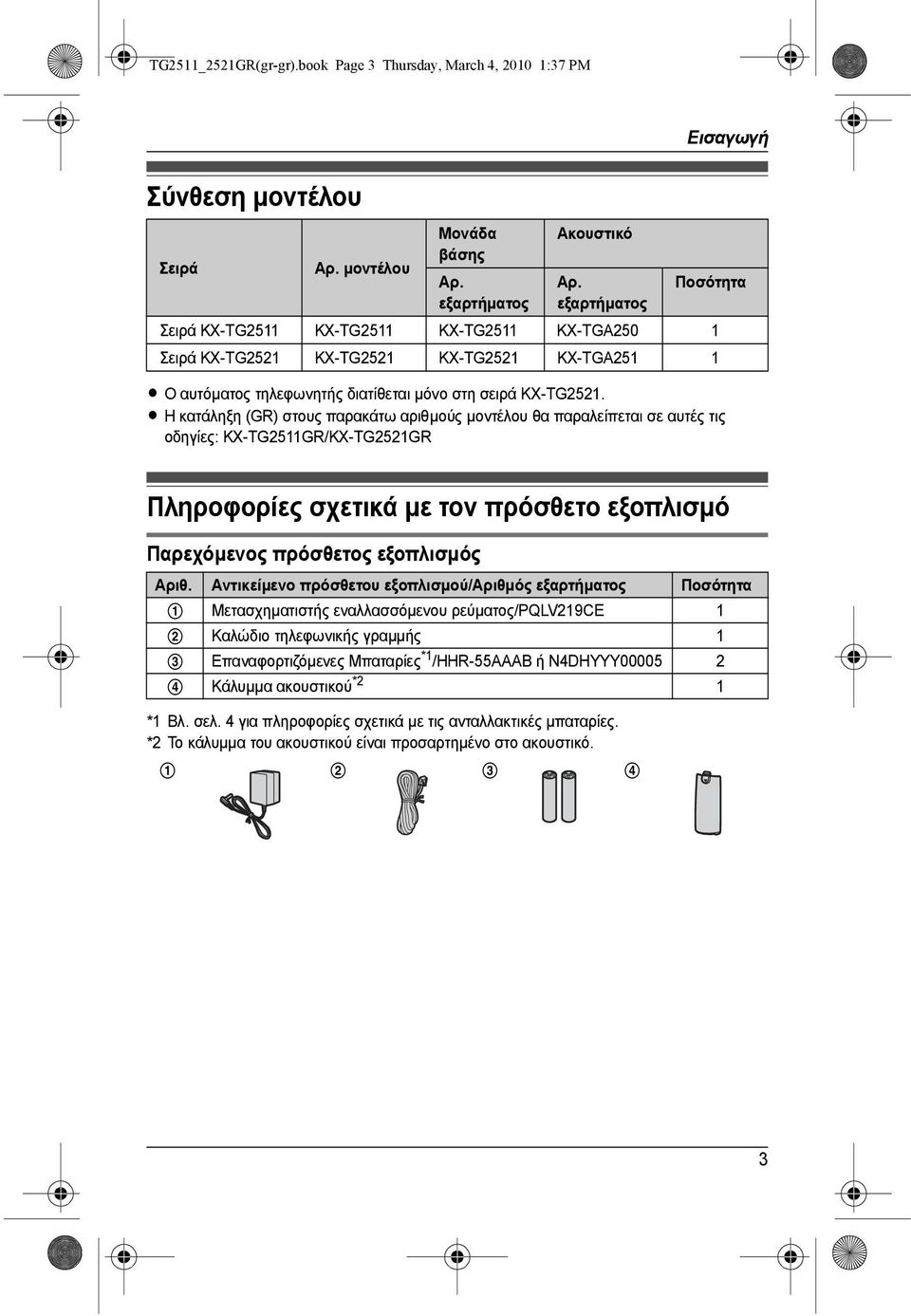 L Η κατάληξη (GR) στους παρακάτω αριθµούς µοντέλου θα παραλείπεται σε αυτές τις οδηγίες: KX-TG2511GR/KX-TG2521GR Πληροφορίες σχετικά µε τον πρόσθετο εξοπλισµό Παρεχόµενος πρόσθετος εξοπλισµός Αριθ.