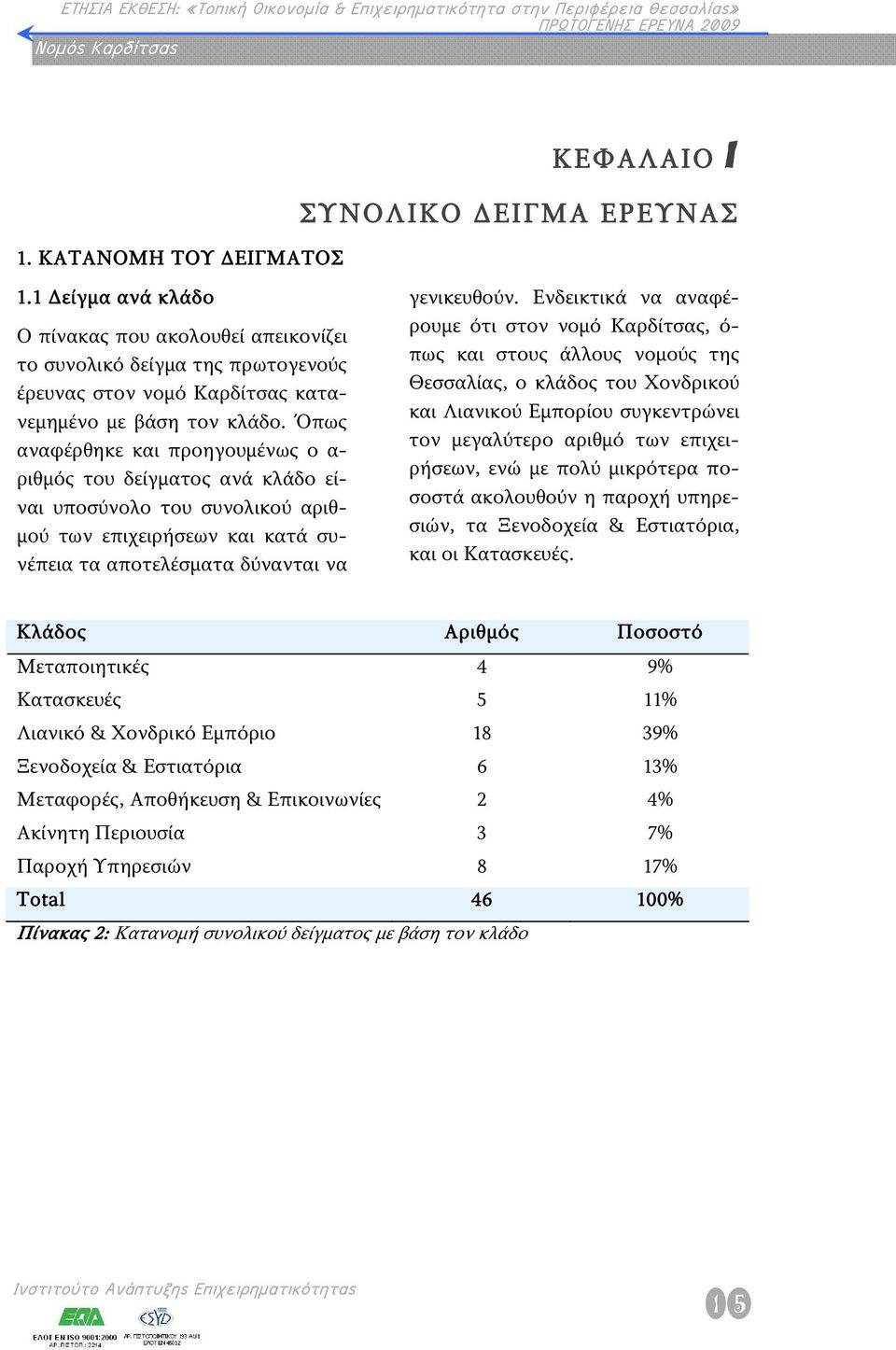 Όπως αναφέρθηκε και προηγουμένως ο α- ριθμός του δείγματος ανά κλάδο είναι υποσύνολο του συνολικού αριθμού των επιχειρήσεων και κατά συνέπεια τα αποτελέσματα δύνανται να γενικευθούν.