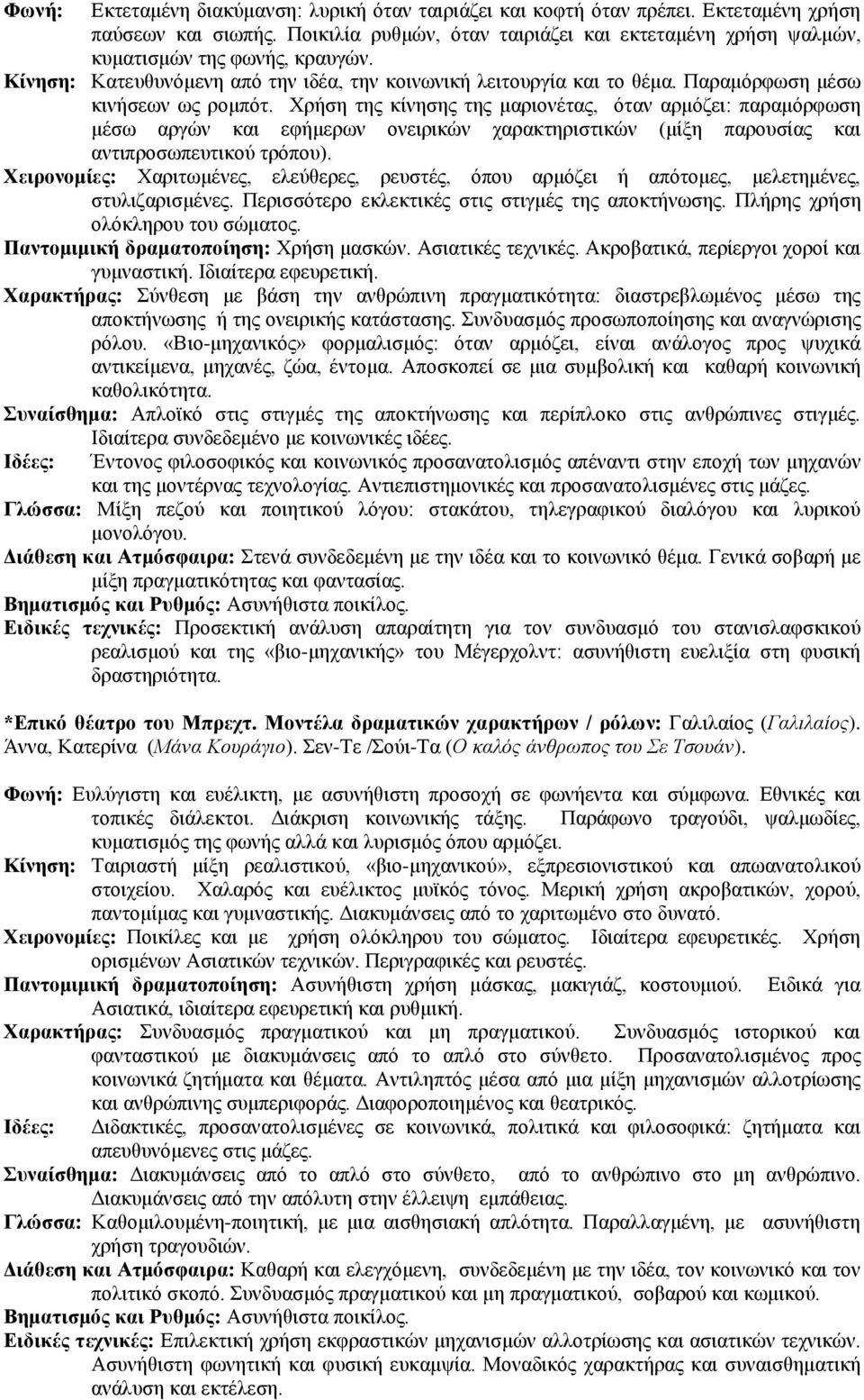Παραμόρφωση μέσω κινήσεων ως ρομπότ. Χρήση της κίνησης της μαριονέτας, όταν αρμόζει: παραμόρφωση μέσω αργών και εφήμερων ονειρικών χαρακτηριστικών (μίξη παρουσίας και αντιπροσωπευτικού τρόπου).