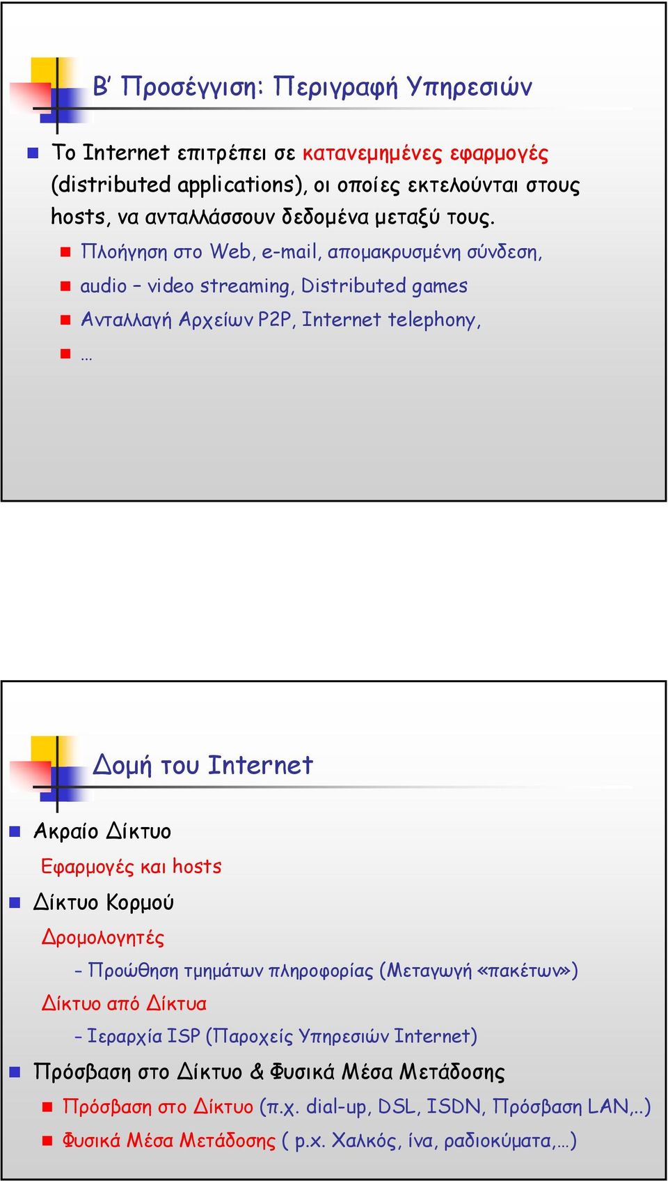 Πλοήγηση στο Web, e-mail, αποµακρυσµένη σύνδεση, audio video streaming, Distributed games Ανταλλαγή Αρχείων P2P, Internet telephony, οµή τουinternet Ακραίο ίκτυο