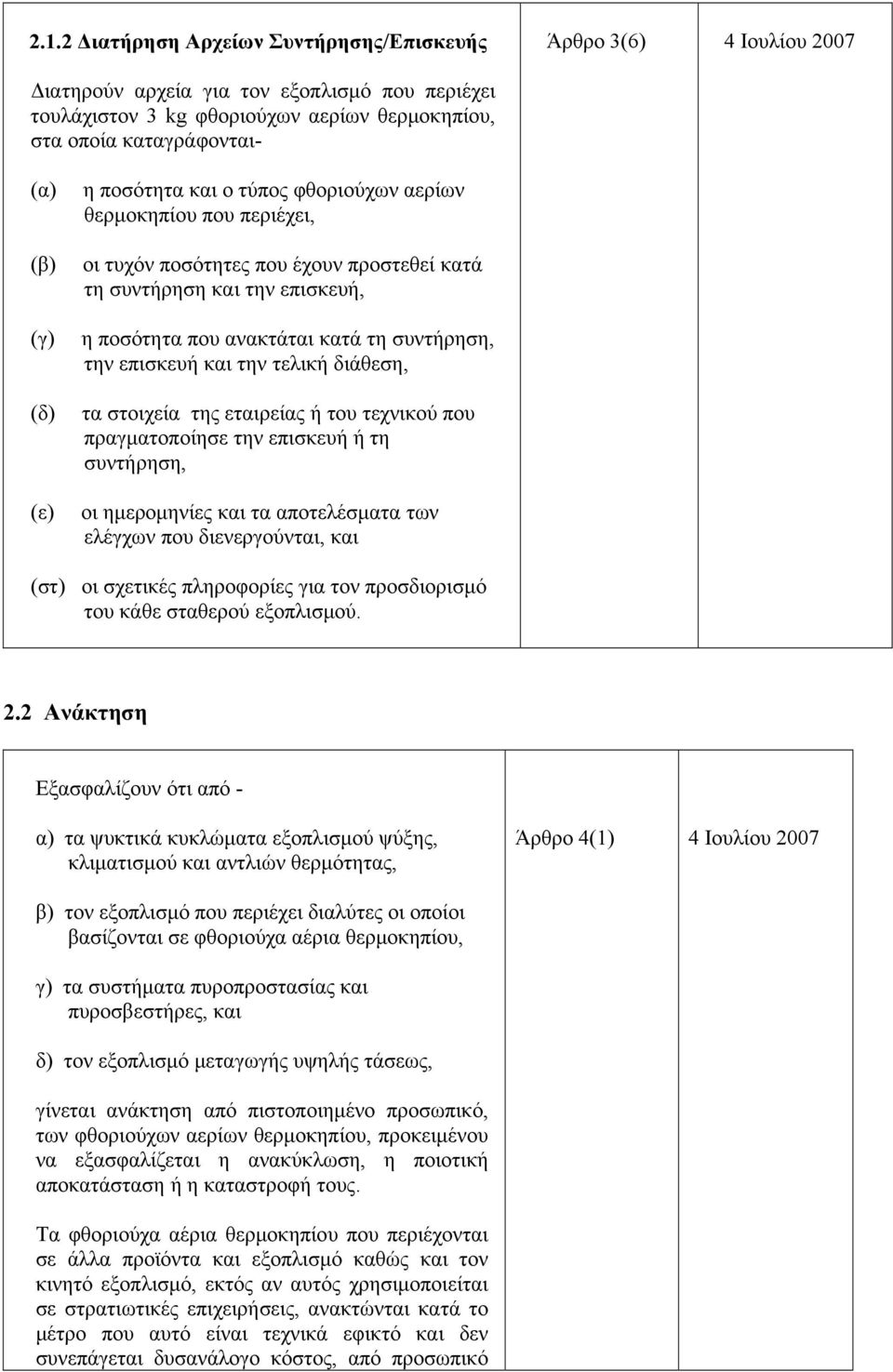 τελική διάθεση, τα στοιχεία της εταιρείας ή του τεχνικού που πραγματοποίησε την επισκευή ή τη συντήρηση, οι ημερομηνίες και τα αποτελέσματα των ελέγχων που διενεργούνται, και (στ) οι σχετικές