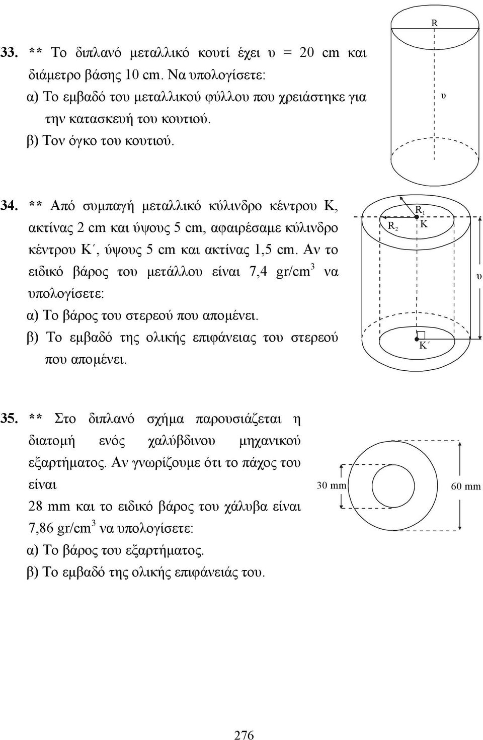 ν το ειδικό βάρος του µετάλλου είναι 7,4 gr/cm 3 να υπολογίσετε: α) Το βάρος του στερεού που αποµένει. β) Το εµβαδό της ολικής επιφάνειας του στερεού που αποµένει. R 2 R 1 Κ Κ υ 35.