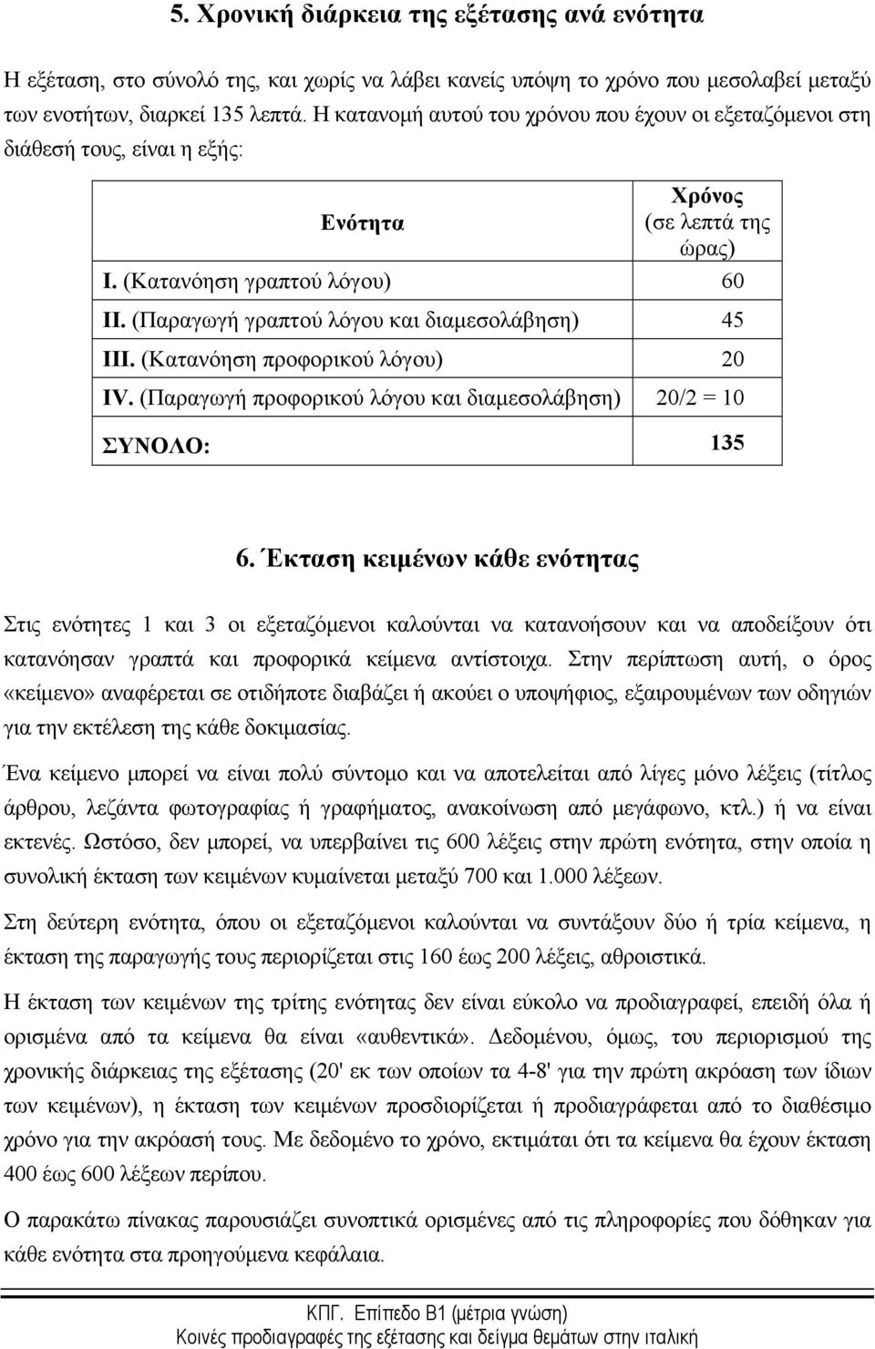 (Παραγωγή γραπτού λόγου και διαμεσολάβηση) 45 ΙΙΙ. (Κατανόηση προφορικού λόγου) 20 ΙV. (Παραγωγή προφορικού λόγου και διαμεσολάβηση) 20/2 = 10 ΣΥΝΟΛΟ: 135 6.