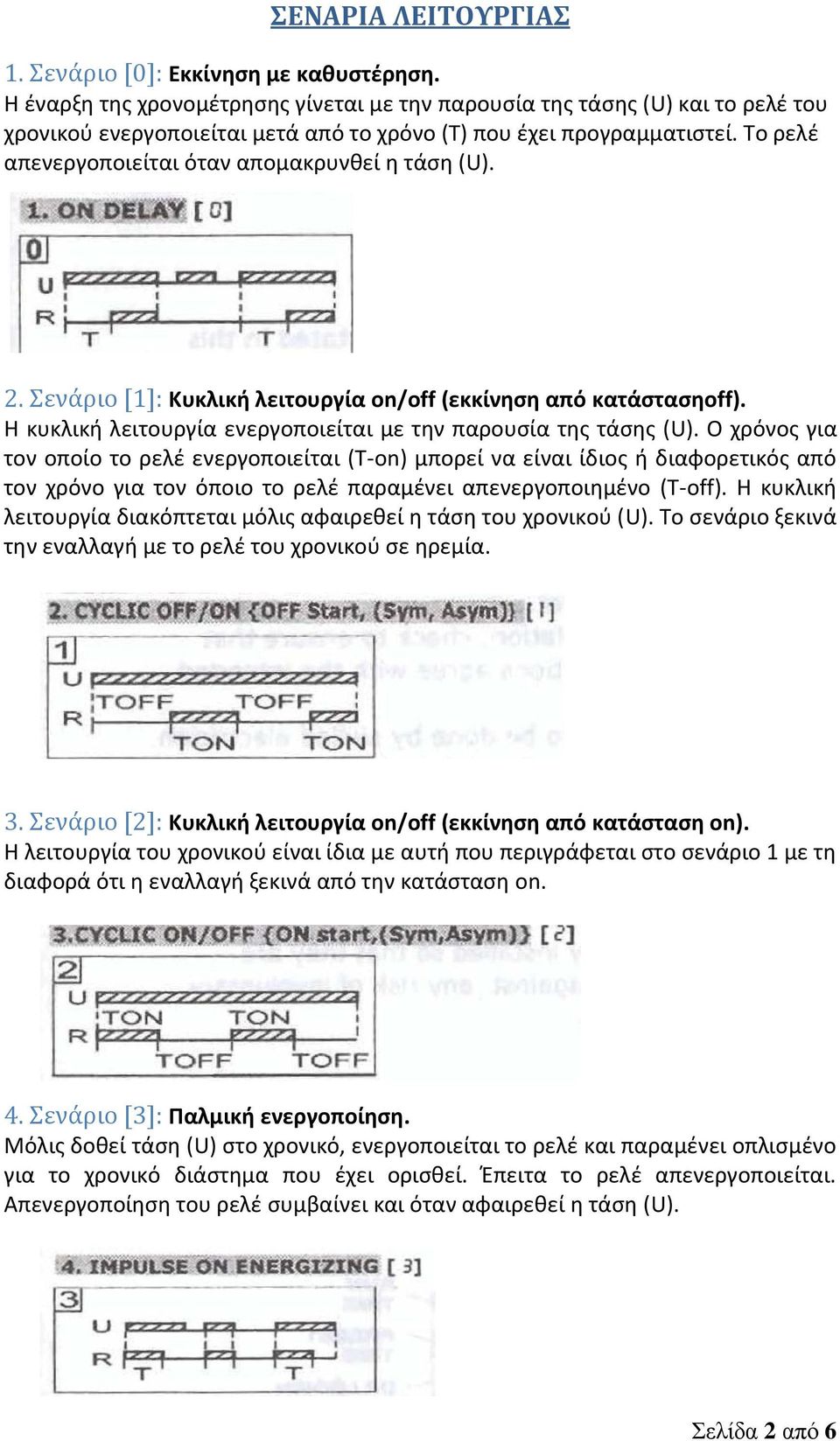 Το ρελέ απενεργοποιείται όταν απομακρυνθεί η τάση (U). 2. Σενάριο [1]: Κυκλική λειτουργία on/off (εκκίνηση από κατάστασηoff). Η κυκλική λειτουργία ενεργοποιείται με την παρουσία της τάσης (U).