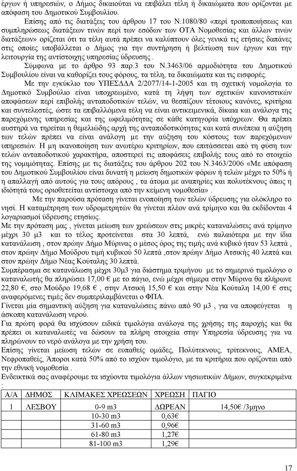 δαπάνες στις οποίες υποβάλλεται ο Δήμος για την συντήρηση ή βελτίωση των έργων και την λειτουργία της αντίστοιχης υπηρεσίας ύδρευσης. Σύμφωνα με το άρθρο 93 παρ.3 του Ν.