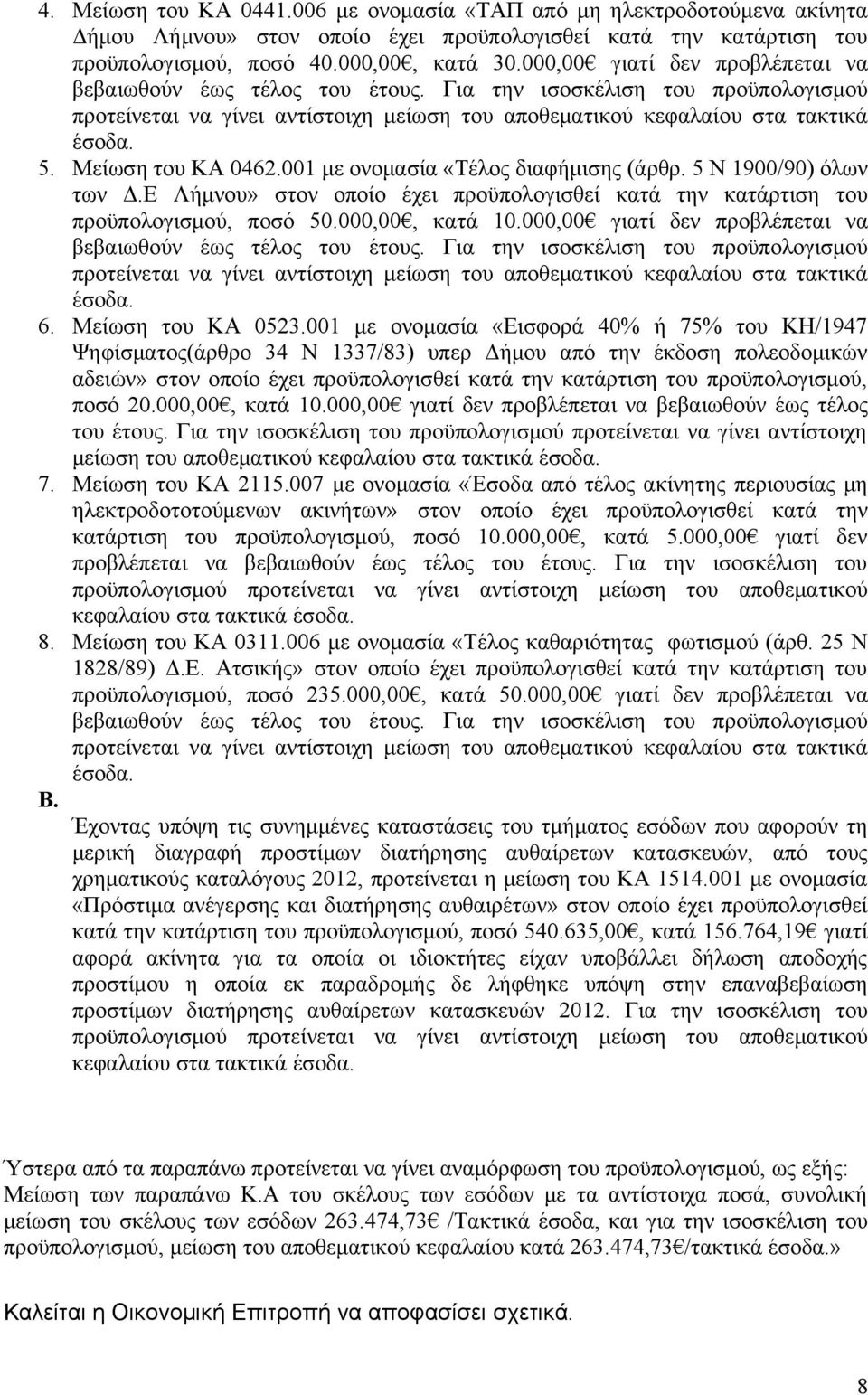 Μείωση του ΚΑ 0462.001 με ονομασία «Τέλος διαφήμισης (άρθρ. 5 Ν 1900/90) όλων των Δ.Ε Λήμνου» στον οποίο έχει προϋπολογισθεί κατά την κατάρτιση του προϋπολογισμού, ποσό 50.000,00, κατά 10.