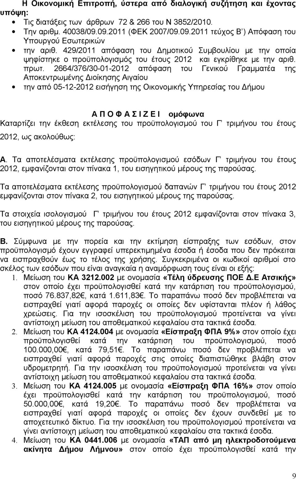 2664/376/30-01-2012 απόφαση του Γενικού Γραμματέα της Αποκεντρωμένης Διοίκησης Αιγαίου την από 05-12-2012 εισήγηση της Οικονομικής Υπηρεσίας του Δήμου Α Π Ο Φ Α Σ Ι Ζ Ε Ι ομόφωνα Καταρτίζει την