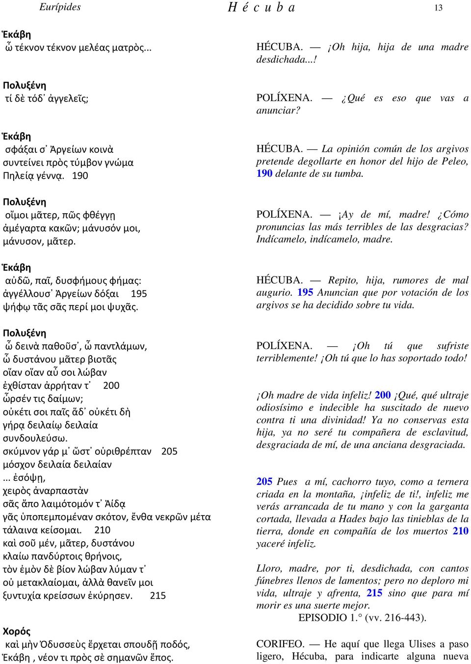 Oh hija, hija de una madre desdichada...! POLÍXENA. Qué es eso que vas a anunciar? HÉCUBA. La opinión común de los argivos pretende degollarte en honor del hijo de Peleo, 190 delante de su tumba.