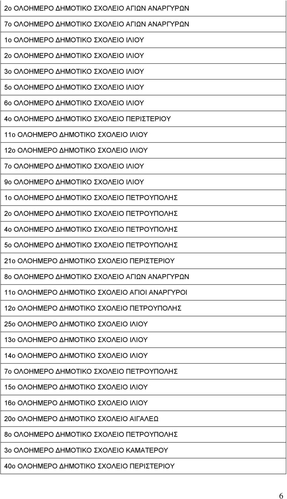 ΣΧΟΛΕΙΟ ΙΛΙΟΥ 9o ΟΛΟΗΜΕΡΟ ΗΜΟΤΙΚΟ ΣΧΟΛΕΙΟ ΙΛΙΟΥ 1o ΟΛΟΗΜΕΡΟ ΗΜΟΤΙΚΟ ΣΧΟΛΕΙΟ ΠΕΤΡΟΥΠΟΛΗΣ 2o ΟΛΟΗΜΕΡΟ ΗΜΟΤΙΚΟ ΣΧΟΛΕΙΟ ΠΕΤΡΟΥΠΟΛΗΣ 4o ΟΛΟΗΜΕΡΟ ΗΜΟΤΙΚΟ ΣΧΟΛΕΙΟ ΠΕΤΡΟΥΠΟΛΗΣ 5o ΟΛΟΗΜΕΡΟ ΗΜΟΤΙΚΟ ΣΧΟΛΕΙΟ