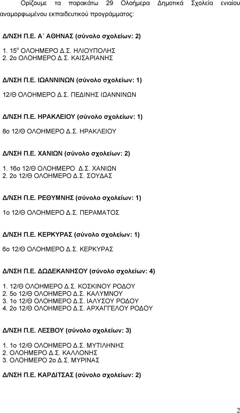 16ο 12/Θ ΟΛΟΗΜΕΡΟ Δ.Σ. ΧΑΝΙΩΝ 2. 2ο 12/Θ ΟΛΟΗΜΕΡΟ Δ.Σ. ΣΟΥΔΑΣ Δ/ΝΣΗ Π.Ε. ΡΕΘΥΜΝΗΣ (σύνολο σχολείων: 1) 1ο 12/Θ ΟΛΟΗΜΕΡΟ Δ.Σ. ΠΕΡΑΜΑΤΟΣ Δ/ΝΣΗ Π.Ε. ΚΕΡΚΥΡΑΣ (σύνολο σχολείων: 1) 6ο 12/Θ ΟΛΟΗΜΕΡΟ Δ.Σ. ΚΕΡΚΥΡΑΣ Δ/ΝΣΗ Π.