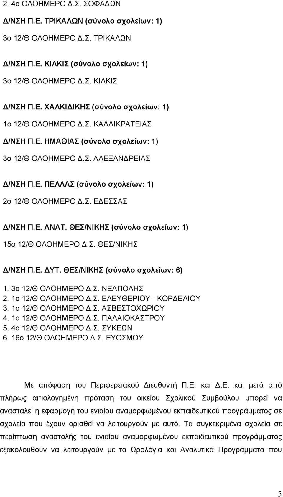 ΘΕΣ/ΝΙΚΗΣ (σύνολο σχολείων: 1) 15ο 12/Θ ΟΛΟΗΜΕΡΟ Δ.Σ. ΘΕΣ/ΝΙΚΗΣ Δ/ΝΣΗ Π.Ε. ΔΥΤ. ΘΕΣ/ΝΙΚΗΣ (σύνολο σχολείων: 6) 1. 3ο 12/Θ ΟΛΟΗΜΕΡΟ Δ.Σ. ΝΕΑΠΟΛΗΣ 2. 1ο 12/Θ ΟΛΟΗΜΕΡΟ Δ.Σ. ΕΛΕΥΘΕΡΙΟΥ - ΚΟΡΔΕΛΙΟΥ 3.