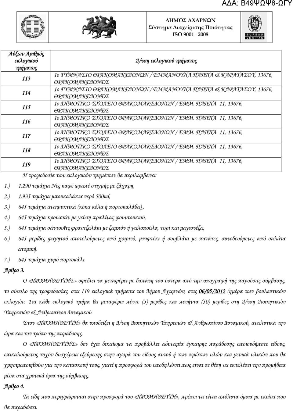 ) 645 τεµάχια κρουασάν µε γεύση πραλίνας φουντουκιού, 5.) 645 τεµάχια σάντουϊτς φραντζολάκι µε ζαµπόν ή γαλοπούλα, τυρί και µαγιονέζα, 6.