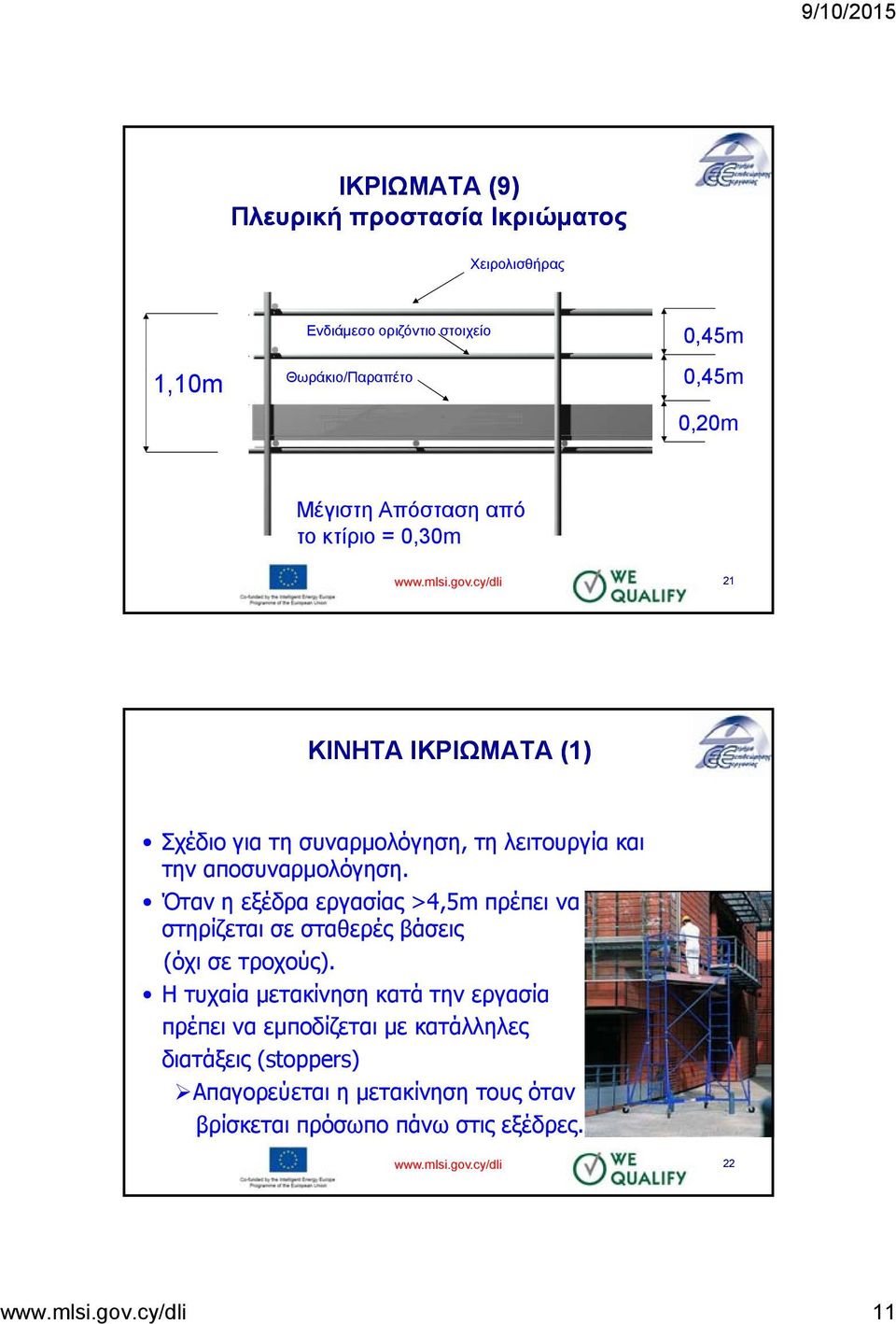 Όταν η εξέδρα εργασίας >4,5m πρέπει να στηρίζεται σε σταθερές βάσεις (όχι σε τροχούς).