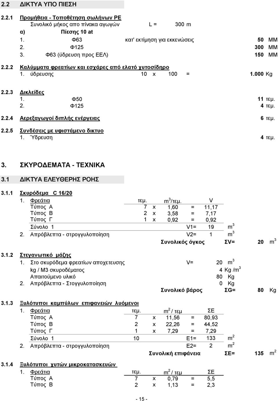 2.2.5 Συνδέσεις με υφιστάμενο δικτυο 1. Ύδρευση 4 τεμ. 3. ΣΚΥΡΟΔΕΜΑΤΑ - ΤΕΧΝΙΚΑ 3.1 ΔΙΚΤΥΑ ΕΛΕΥΘΕΡΗΣ ΡΟΗΣ 3.1.1 Σκυρόδεμα C 16/20 1. Φρεάτια τεμ. m 3 /τεμ.