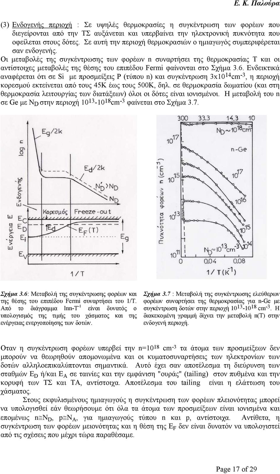 Οι μεταβολές της συγκέντρωσης των φορέων n συναρτήσει της θερμοκρασίας Τ και οι αντίστοιχες μεταβολές της θέσης του επιπέδου Fermi φαίνονται στο Σχήμα 3.6.
