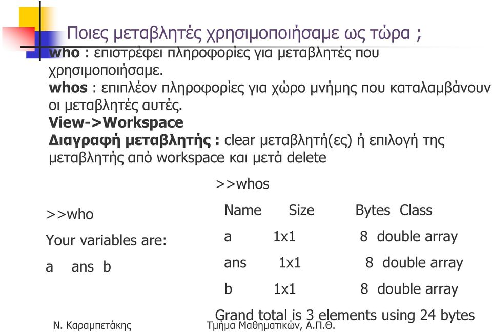 View->Workspace ιαγραφή µεταβλητής : clear µεταβλητή(ες) ή επιλογή της µεταβλητής από workspace και µετά delete >>who