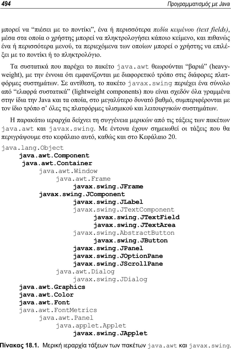 awt θεωρούνται βαριά (heavyweight), µε την έννοια ότι εµφανίζονται µε διαφορετικό τρόπο στις διάφορες πλατφόρµες συστηµάτων. Σε αντίθεση, το πακέτο javax.