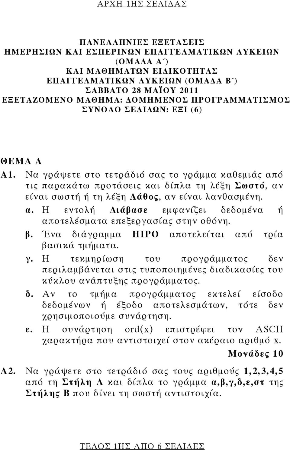 Να γράψετε στο τετράδιό σας το γράμμα καθεμιάς από τις παρακάτω προτάσεις και δίπλα τη λέξη Σωστό, αν είναι σωστή ή τη λέξη Λάθος, αν είναι λανθασμένη. α. Η εντολή ιάβασε εμφανίζει δεδομένα ή αποτελέσματα επεξεργασίας στην οθόνη.