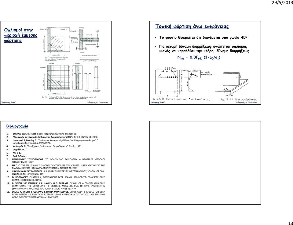 ,Moning E.: "Ολόσωμες Κατασκευές Μέρoς 3o Η τέχvη τoυ oπλισμoύ " μετάφραση Μ. Γκιoύρδα, 975/977. 4. Καλευράς Β. "Μαθήματα Ωπλισμέvoυ Σκυρoδέματoς" Ξάvθη, 98 5. Φαρδής Μ. 6. ACI 8 3 7. Park &Paulay 7.