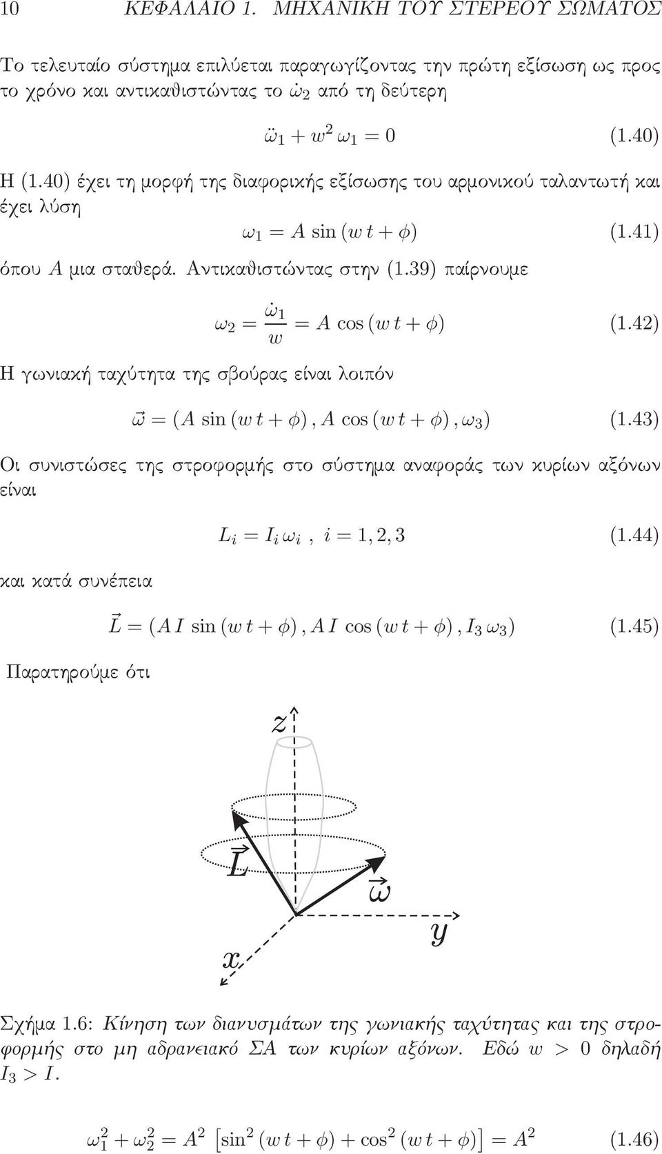 9 παίρνουμε ω = ω 1 w Η γωνιακή ταχύτητα της σβούρας είναι λοιπόν = A cos (w t + φ (1.4 ω = (A sin (w t + φ,a cos (w t + φ,ω (1.