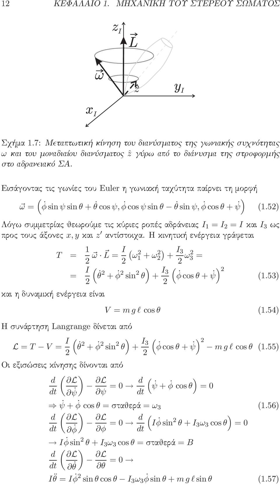 Εισάγοντας τις γωνίες του Euler η γωνιακή ταχύτητα παίρνει τη μορφή ( ω = φsin ψ sin θ + θ cos ψ, φ cos ψ sin θ θ sin ψ, φ cos θ + ψ (1.