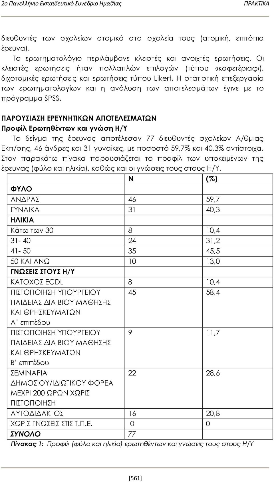 Η στατιστική επεξεργασία των ερωτηματολογίων και η ανάλυση των αποτελεσμάτων έγινε με το πρόγραμμα SPSS.