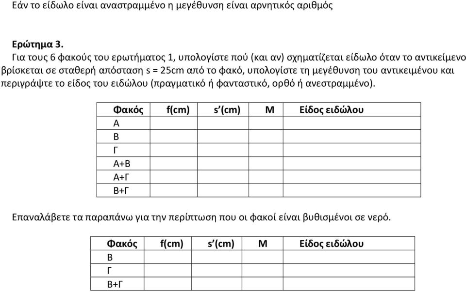 από το φακό, υπολογίστε τη μεγέθυνση του αντικειμένου και περιγράψτε το είδος του ειδώλου (πραγματικό ή φανταστικό, ορθό ή