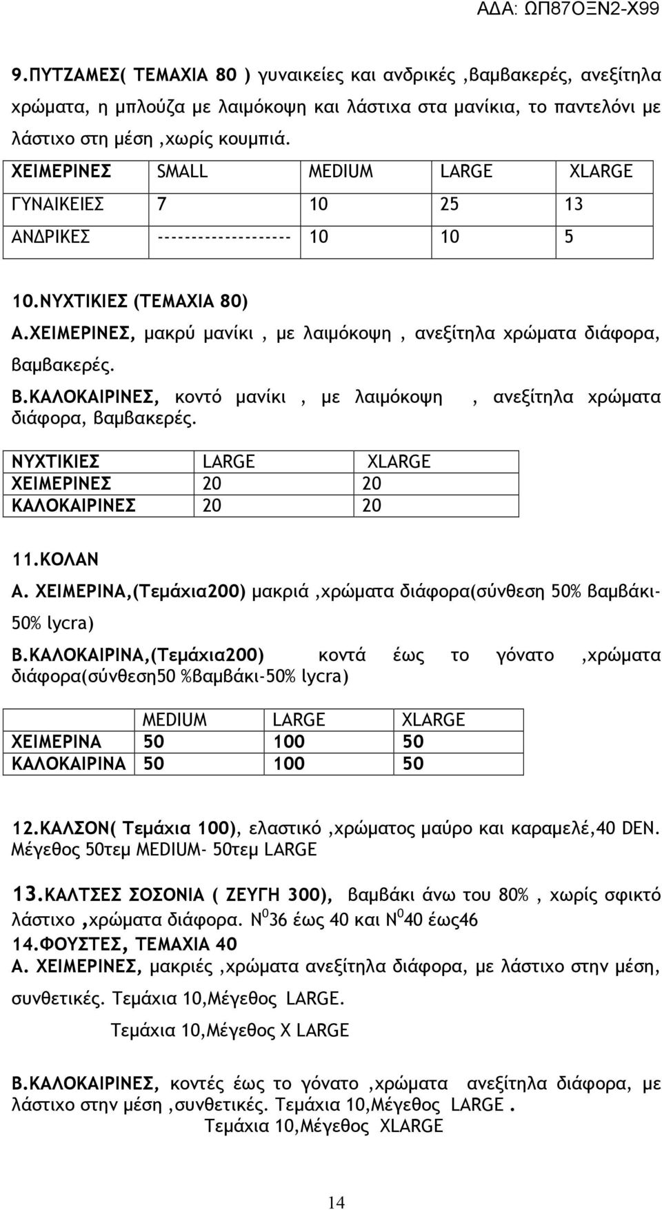 ΧΕΙΜΕΡΙΝΕΣ, µακρύ µανίκι, µε λαιµόκοψη, ανεξίτηλα χρώµατα διάφορα, βαµβακερές. Β.ΚΑΛΟΚΑΙΡΙΝΕΣ, κοντό µανίκι, µε λαιµόκοψη διάφορα, βαµβακερές.