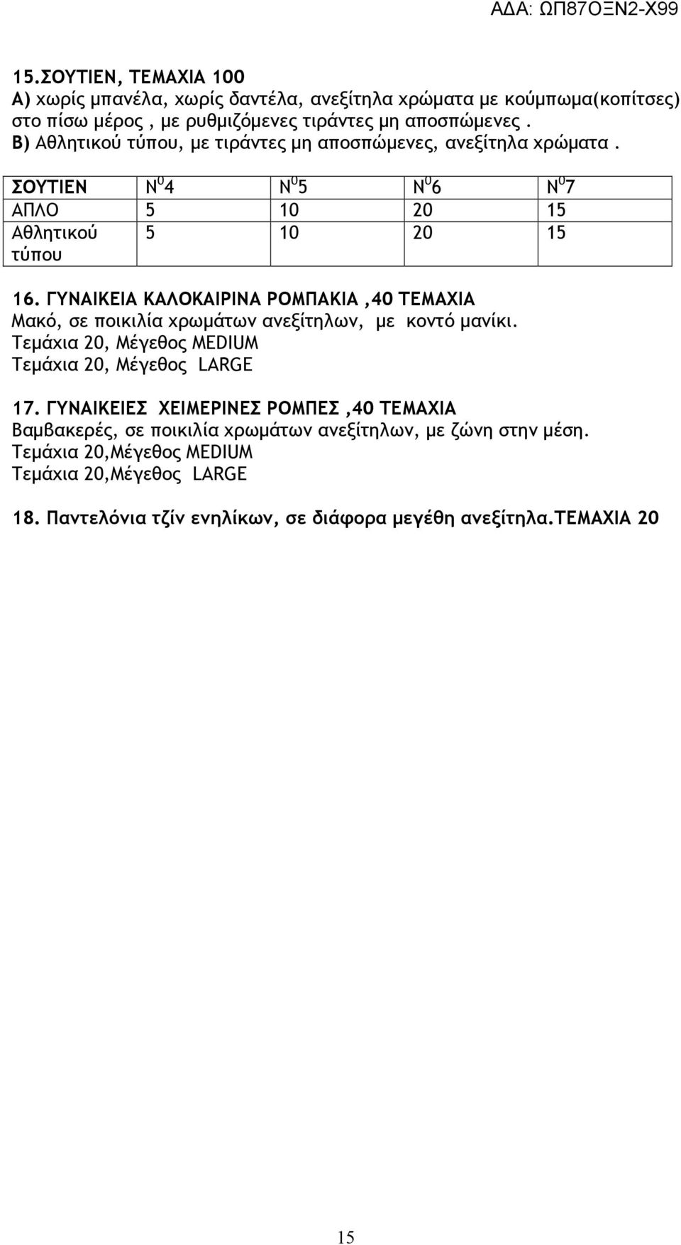 ΓΥΝΑΙΚΕΙΑ ΚΑΛΟΚΑΙΡΙΝΑ ΡΟΜΠΑΚΙΑ,40 ΤΕΜΑΧΙΑ Μακό, σε ποικιλία χρωµάτων ανεξίτηλων, µε κοντό µανίκι. Τεµάχια 20, Μέγεθος MEDIUM Τεµάχια 20, Μέγεθος LARGE 17.