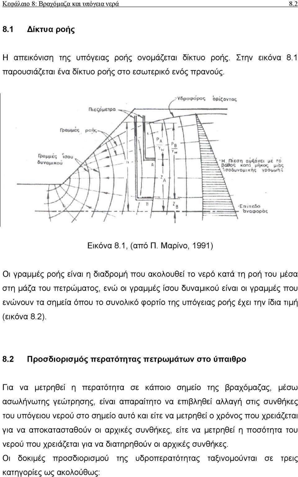 Μαρίνο, 1991) Οι γραµµές ροής είναι η διαδροµή που ακολουθεί το νερό κατά τη ροή του µέσα στη µάζα του πετρώµατος, ενώ οι γραµµές ίσου δυναµικού είναι οι γραµµές που ενώνουν τα σηµεία όπου το