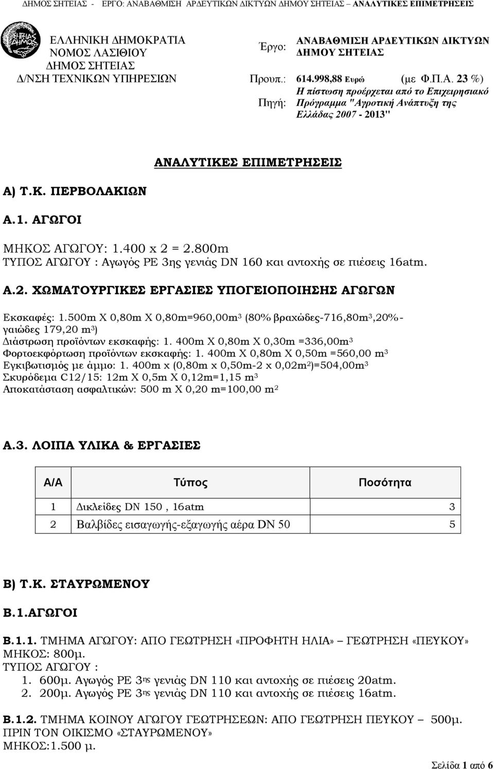 500m Χ 0,80m Χ 0,80m=960,00m 3 (80% βραχώδες-716,80m 3,20% - γαιώδες 179,20 m 3 ) Διάστρωση προϊόντων εκσκαφής: 1. 400m Χ 0,80m Χ 0,30m =336,00m 3 Φορτοεκφόρτωση προϊόντων εκσκαφής: 1.