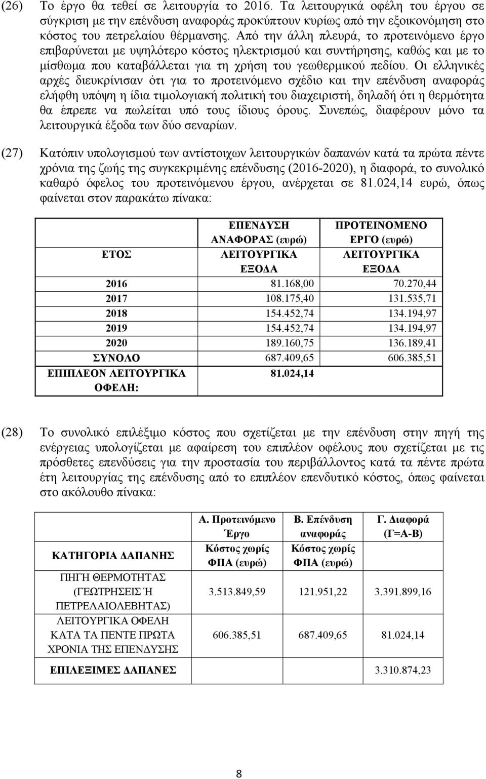 Οι ελληνικές αρχές διευκρίνισαν ότι για το προτεινόμενο σχέδιο και την επένδυση αναφοράς ελήφθη υπόψη η ίδια τιμολογιακή πολιτική του διαχειριστή, δηλαδή ότι η θερμότητα θα έπρεπε να πωλείται υπό