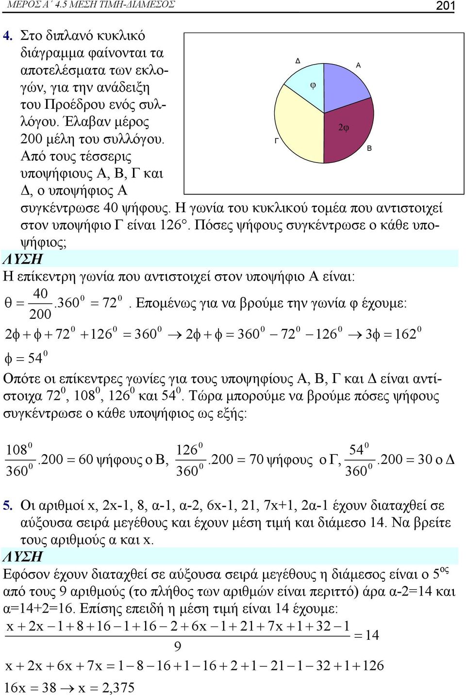 Πόσες ψήφους συγκέντρωσε ο κάθε υποψήφιος; Η επίκεντρη γωνία που αντιστοιχεί στον υποψήφιο Α είναι: 4 θ.3 7.