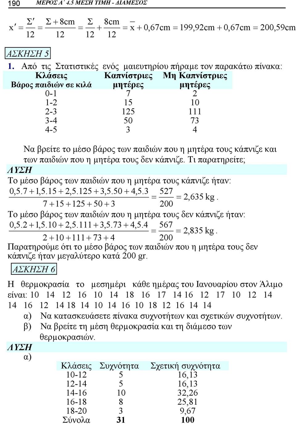 των παιδιών που η µητέρα τους κάπνιζε και των παιδιών που η µητέρα τους δεν κάπνιζε. Τι παρατηρείτε; Το μέσο βάρος των παιδιών που η μητέρα τους κάπνιζε ήταν:,5.7 + 1,5.15 +,5.15 + 3,5.5 + 4,5.