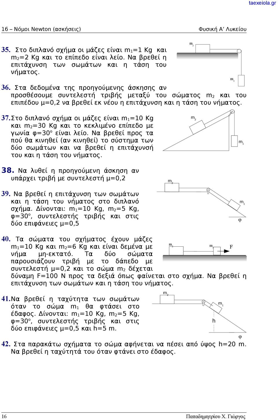 Στο διπλανό σχήμα οι μάζες είναι m 1 =10 Kg και m 2 =30 Kg και το κεκλιμένο επίπεδο με γωνία φ=30 ο είναι λείο.