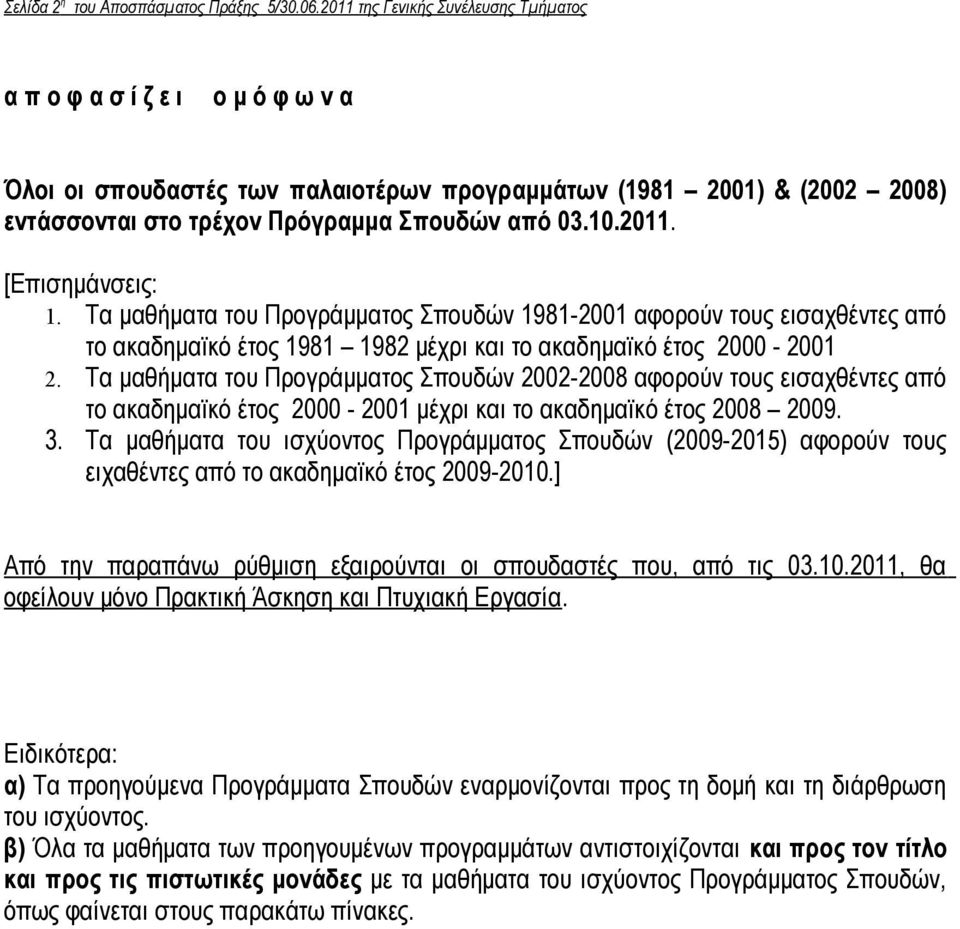 2011. [Επισημάνσεις: 1. Τα μαθήματα του Προγράμματος Σπουδών 1981-2001 αφορούν τους εισαχθέντες από το ακαδημαϊκό έτος 1981 1982 μέχρι και το ακαδημαϊκό έτος 2000-2001 2.