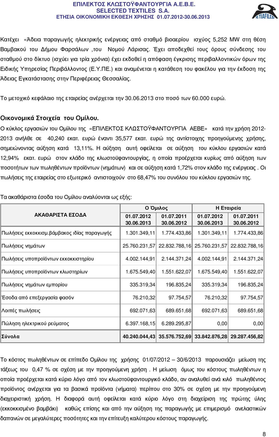 ) και αναµένεται η κατάθεση του φακέλου για την έκδοση της Άδειας Εγκατάστασης στην Περιφέρειας Θεσσαλίας. Το µετοχικό κεφάλαιο της εταιρείας ανέρχεται την 30.06.2013 στο ποσό των 60.000 ευρώ.