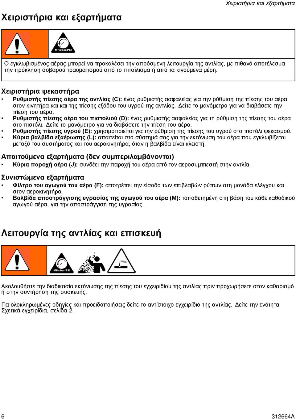 Χειριστήρια ψεκαστήρα Ρυθμιστής πίεσης αέρα της αντλίας (C): ένας ρυθμιστής ασφαλείας για την ρύθμιση της πίεσης του αέρα στον κινητήρα και και της πίεσης εξόδου του υγρού της αντλίας.