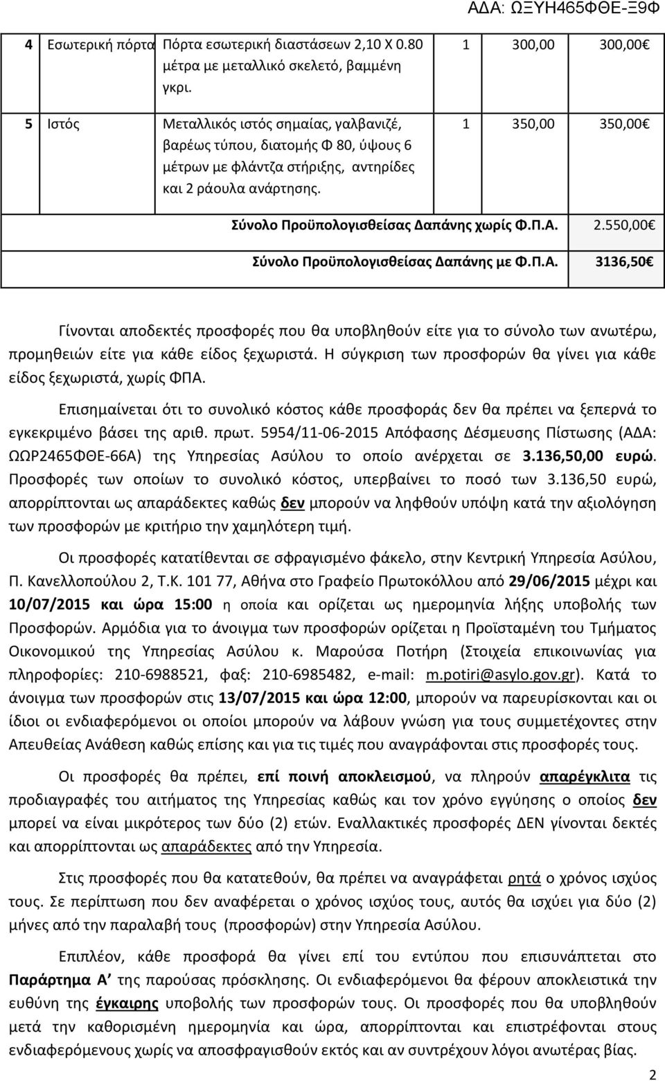 300,00 300,00 350,00 350,00 Σύνολο Προϋπολογισθείσας Δαπάνης χωρίς Φ.Π.Α.