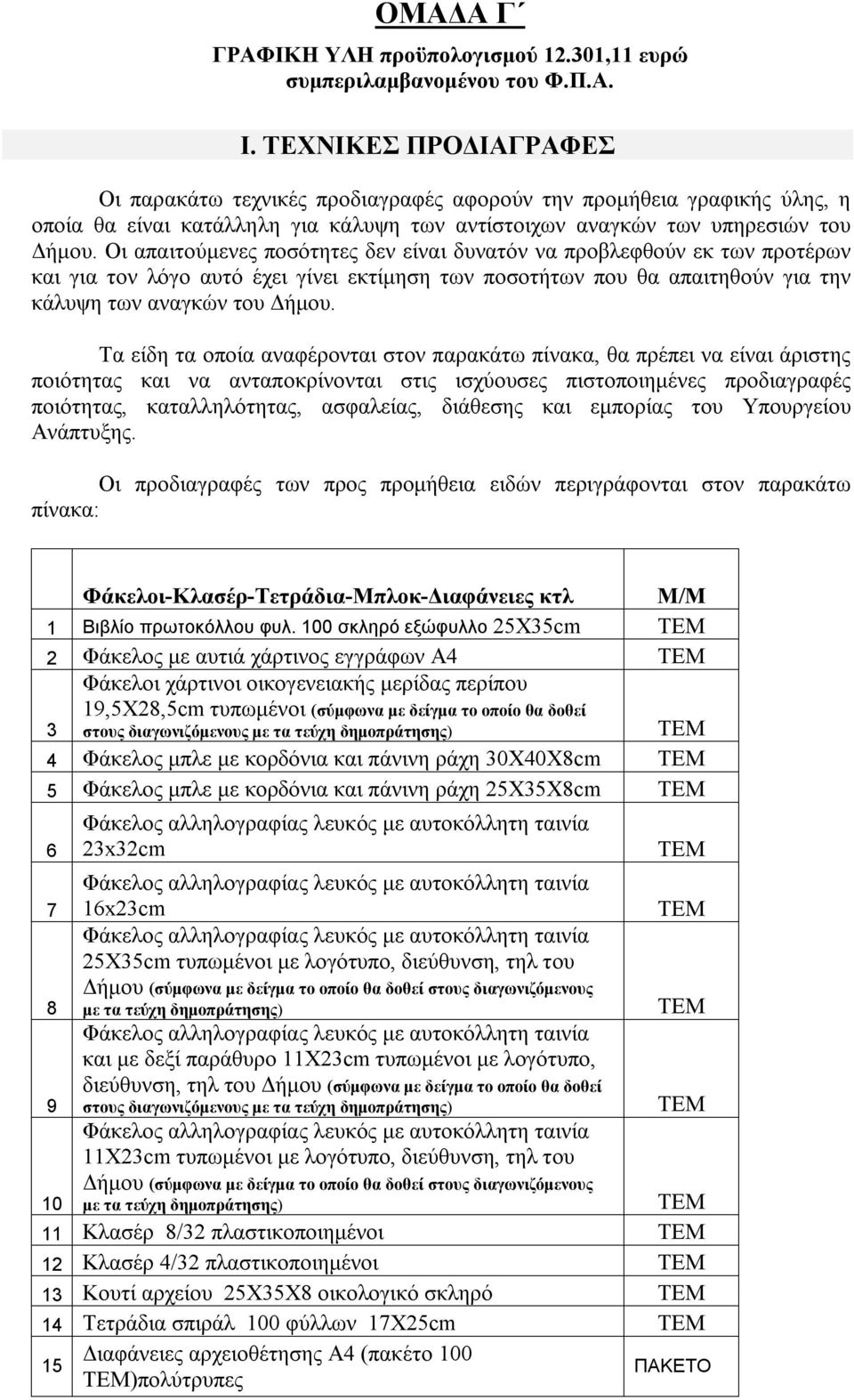 Οι απαιτούμενες ποσότητες δεν είναι δυνατόν να προβλεφθούν εκ των προτέρων και για τον λόγο αυτό έχει γίνει εκτίμηση των ποσοτήτων που θα απαιτηθούν για την κάλυψη των αναγκών του Δήμου.