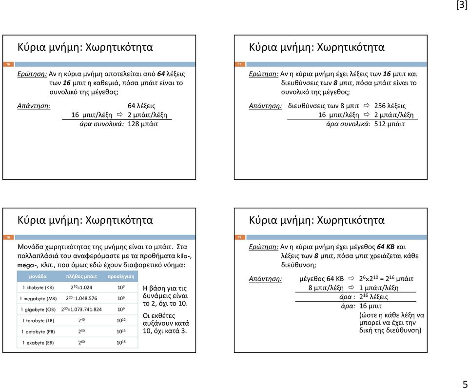 μπιτ/λέξη 2 μπάιτ/λέξη άρα συνολικά: 512 μπάιτ Κύρια μνήμη: Χωρητικότητα Κύρια μνήμη: Χωρητικότητα 18 19 Μονάδα χωρητικότητας της μνήμης είναι το μπάιτ.