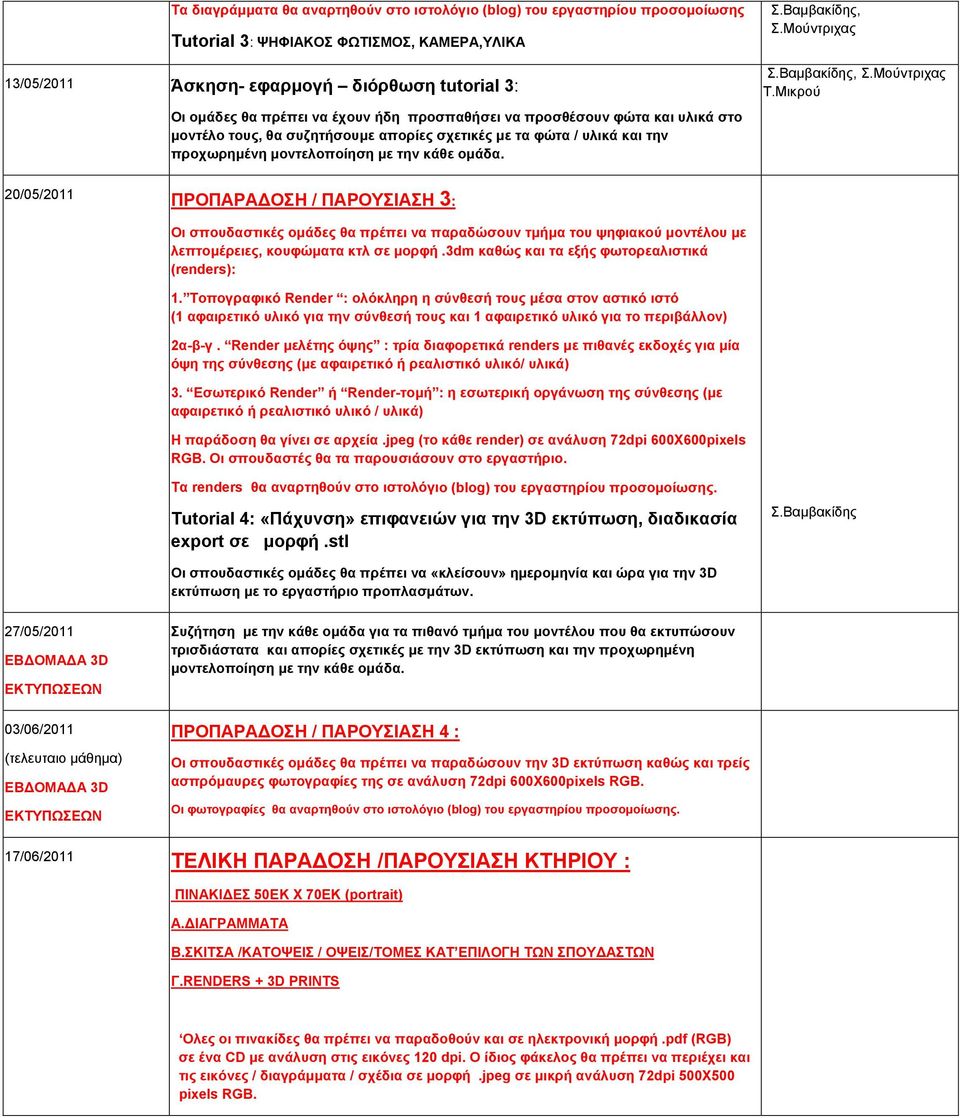 Μούντριχας 20/05/2011 ΠΡΟΠΑΡΑΔΟΣΗ / ΠΑΡΟΥΣΙΑΣΗ 3: Οι σπουδαστικές ομάδες θα πρέπει να παραδώσουν τμήμα του ψηφιακού μοντέλου με λεπτομέρειες, κουφώματα κτλ σε μορφή.