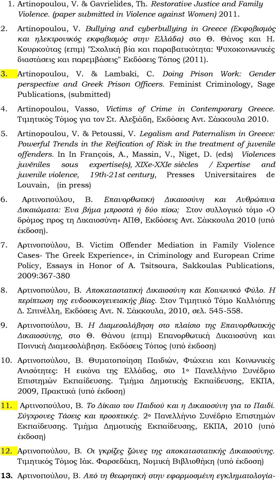 Doing Prison Work: Gender perspective and Greek Prison Officers. Feminist Criminology, Sage Publications, (submitted) 4. Artinopoulou, Vasso, Victims of Crime in Contemporary Greece.