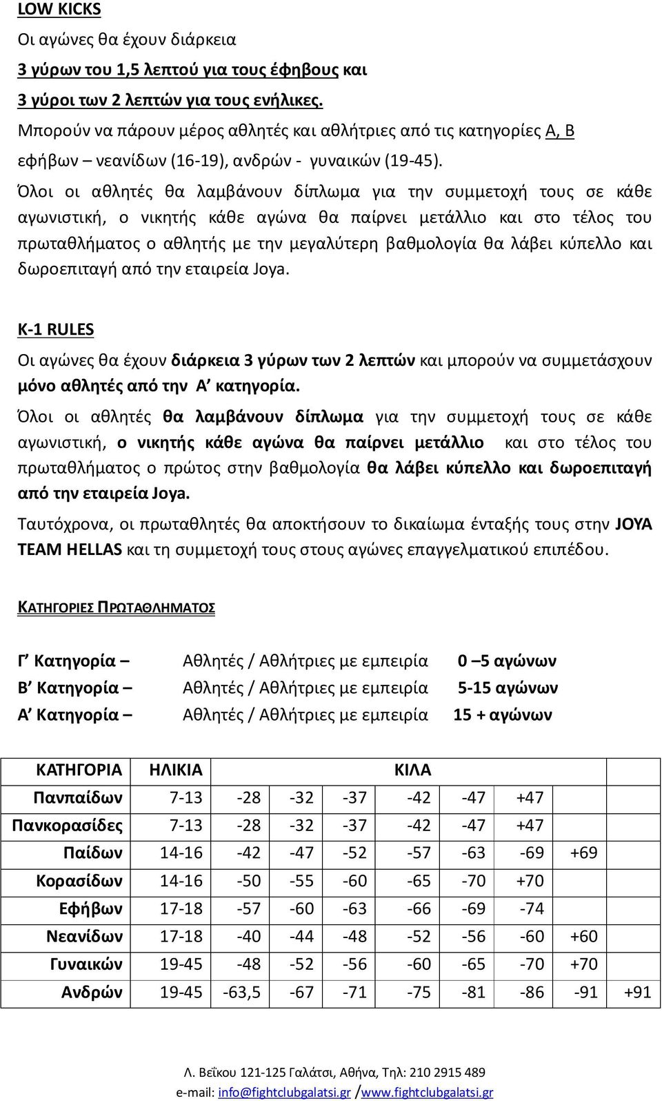 Όλοι οι αθλητές θα λαμβάνουν δίπλωμα για την συμμετοχή τους σε κάθε αγωνιστική, ο νικητής κάθε αγώνα θα παίρνει μετάλλιο και στο τέλος του πρωταθλήματος ο αθλητής με την μεγαλύτερη βαθμολογία θα