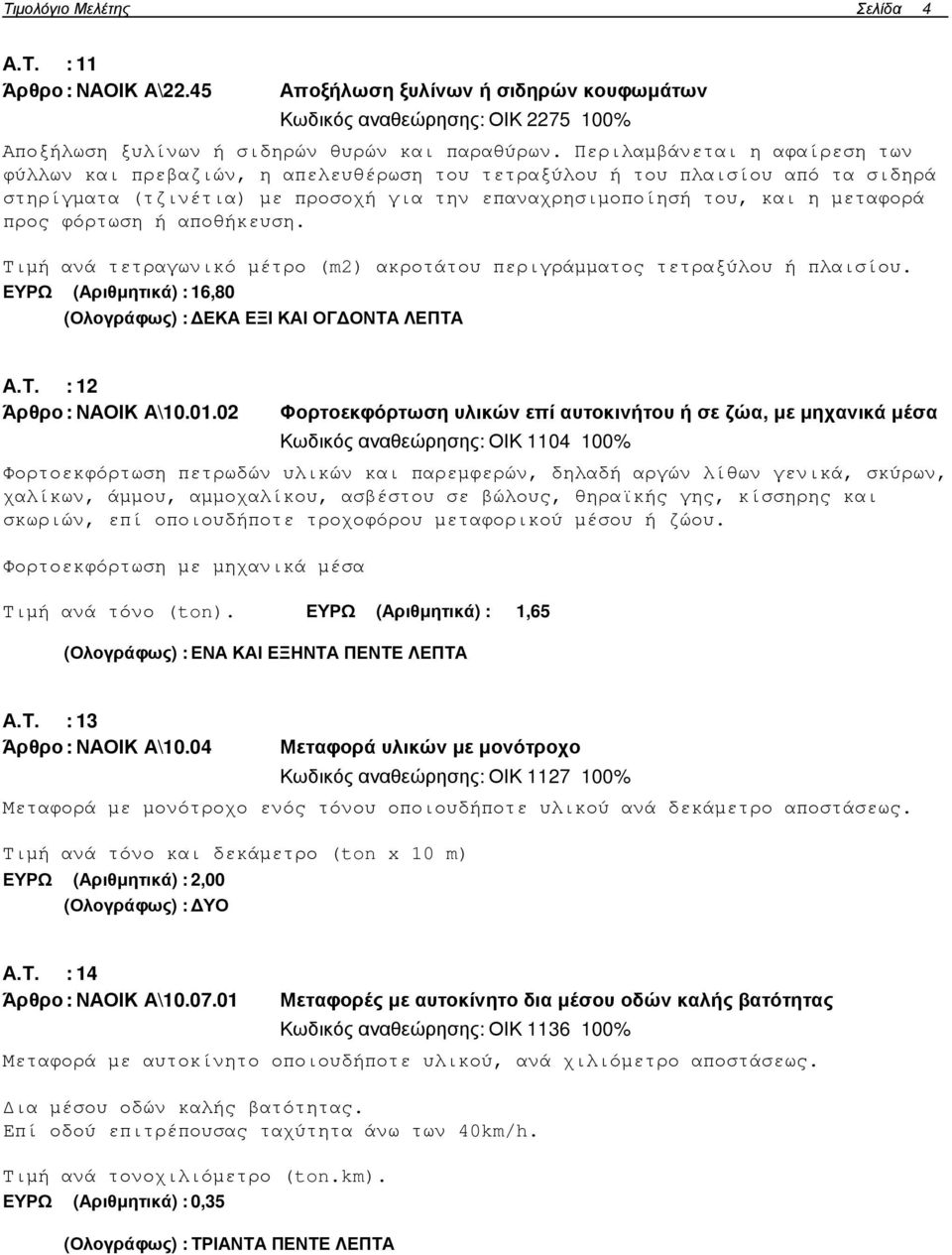 φόρτωση ή αποθήκευση. Τιµή ανά τετραγωνικό µέτρο (m2) ακροτάτου περιγράµµατος τετραξύλου ή πλαισίου. ΕΥΡΩ (Αριθµητικά) : 16,80 (Ολογράφως) : ΕΚΑ ΕΞΙ ΚΑΙ ΟΓ ΟΝΤΑ ΛΕΠΤΑ Α.Τ. : 12 Άρθρο : ΝΑΟΙΚ Α\10.01.