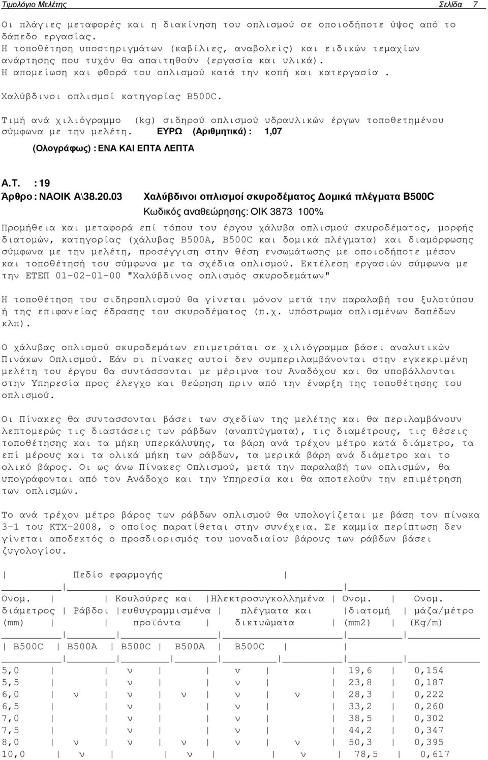 Χαλύβδινοι οπλισµοί κατηγορίας B500C. Τιµή ανά χιλιόγραµµο (kg) σιδηρού οπλισµού υδραυλικών έργων τοποθετηµένου σύµφωνα µε την µελέτη. ΕΥΡΩ (Αριθµητικά) : 1,07 (Ολογράφως) : ΕΝΑ ΚΑΙ ΕΠΤΑ ΛΕΠΤΑ Α.Τ. : 19 Άρθρο : ΝΑΟΙΚ Α\38.