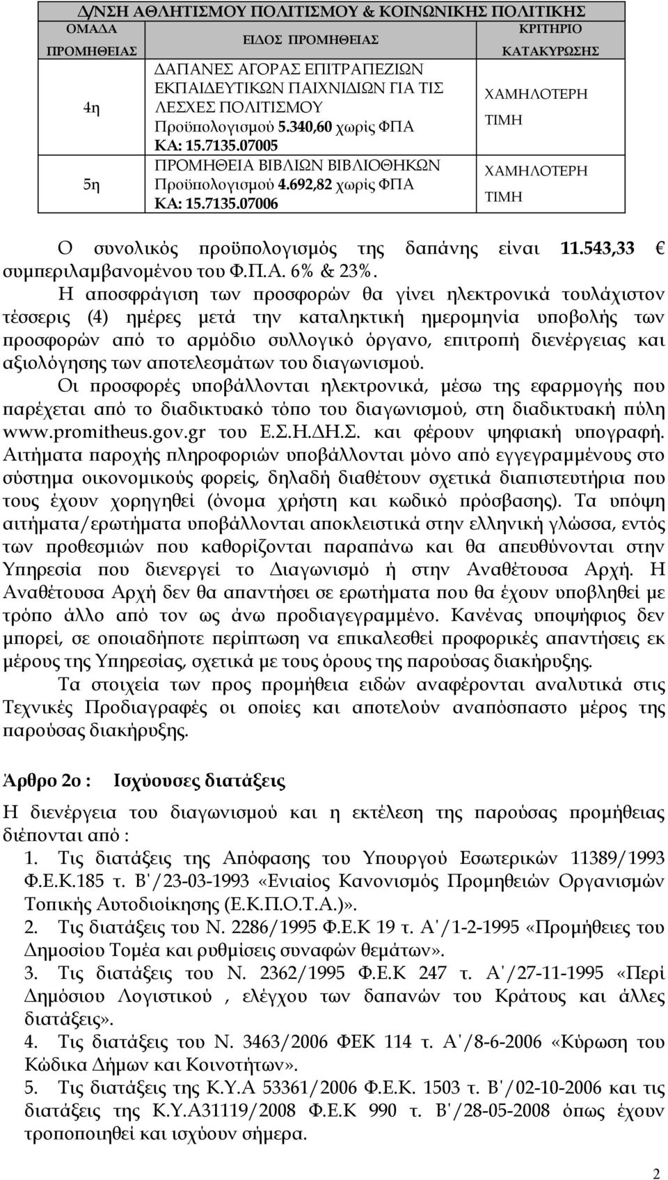 543,33 συμπεριλαμβανομένου του Φ.Π.Α. 6% & 23%.