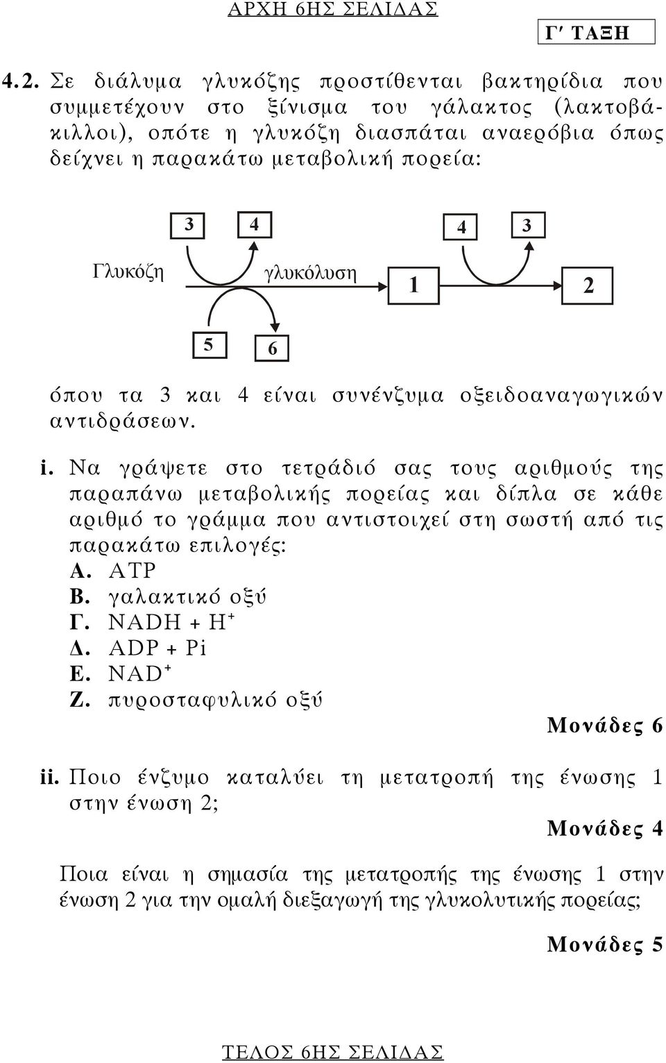 Γλυκόζη γλυκόλυση 1 2 5 6 όπου τα 3 και 4 είναι συνένζυµα οξειδοαναγωγικών αντιδράσεων. i.